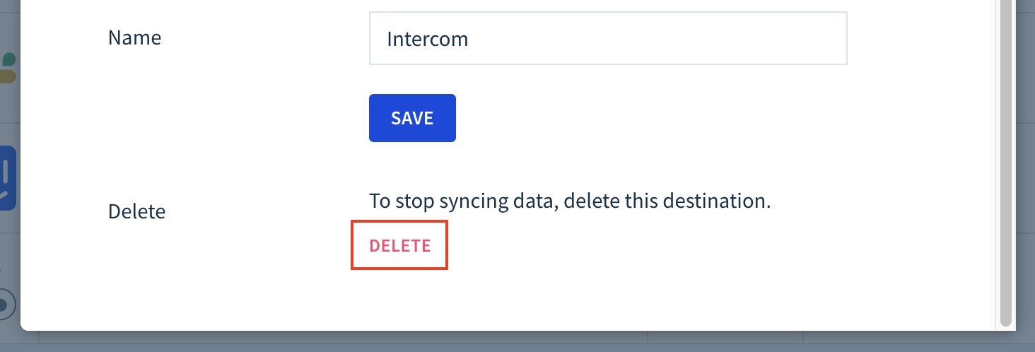 Screenshot of a fragment of the dialog to configure destination settings. In the Delete section at the bottom, there is a red link saying, Delete