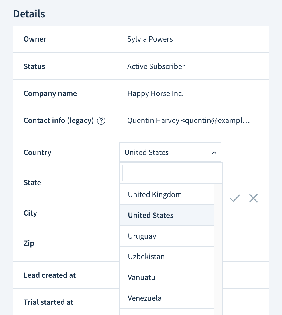 Screenshot of the Country dropdown available in a customer record’s Details section