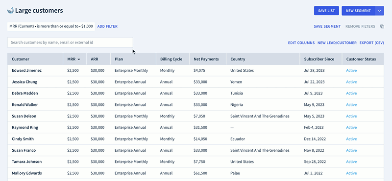 Screencap of the user moving a column in a customer list by clicking its header and dragging the column to a new position