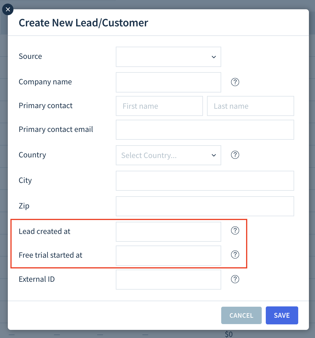 Screenshot of the Create New Lead/Customer dialog with two fields highlighted: Lead created at and Free trial started at.