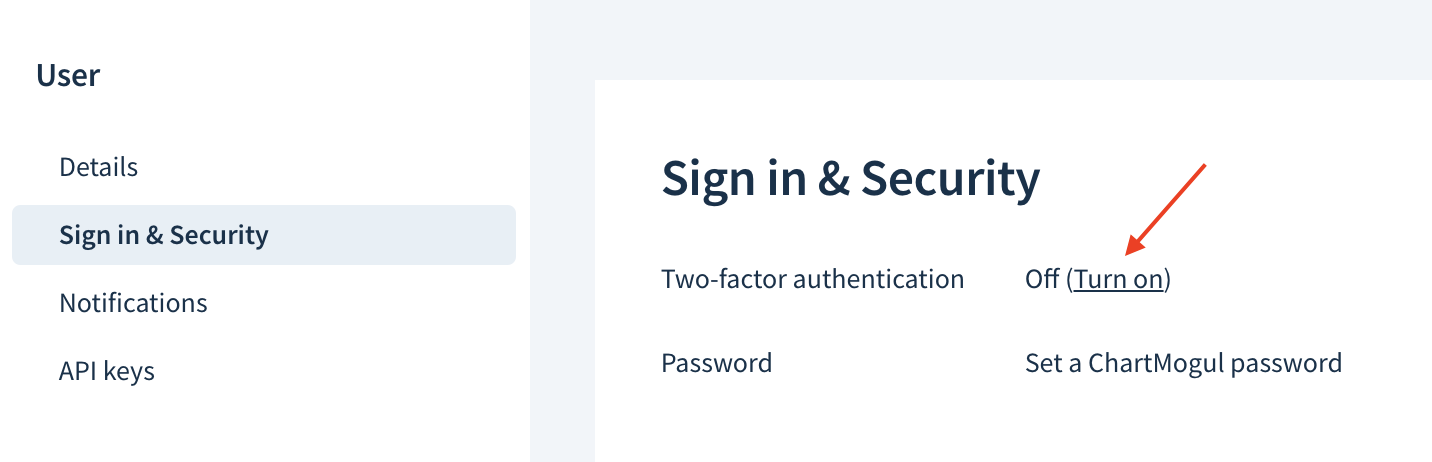 Screenshot of the Sing in & Security section of the User profile. The Two-factor authentication option is set to Off. A link next to the option says Turn On.
