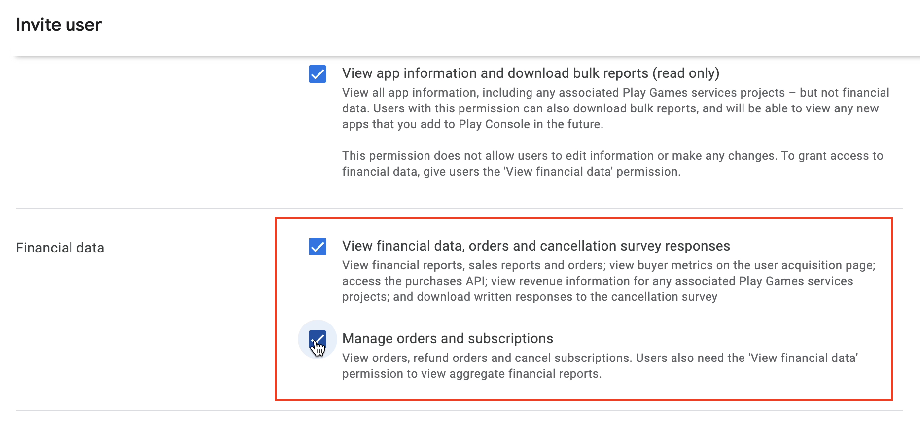 Screenshot of the Account permissions list with two elements highlighted: View financial data, orders and cancellation survey responses and Manage orders and subscriptions.