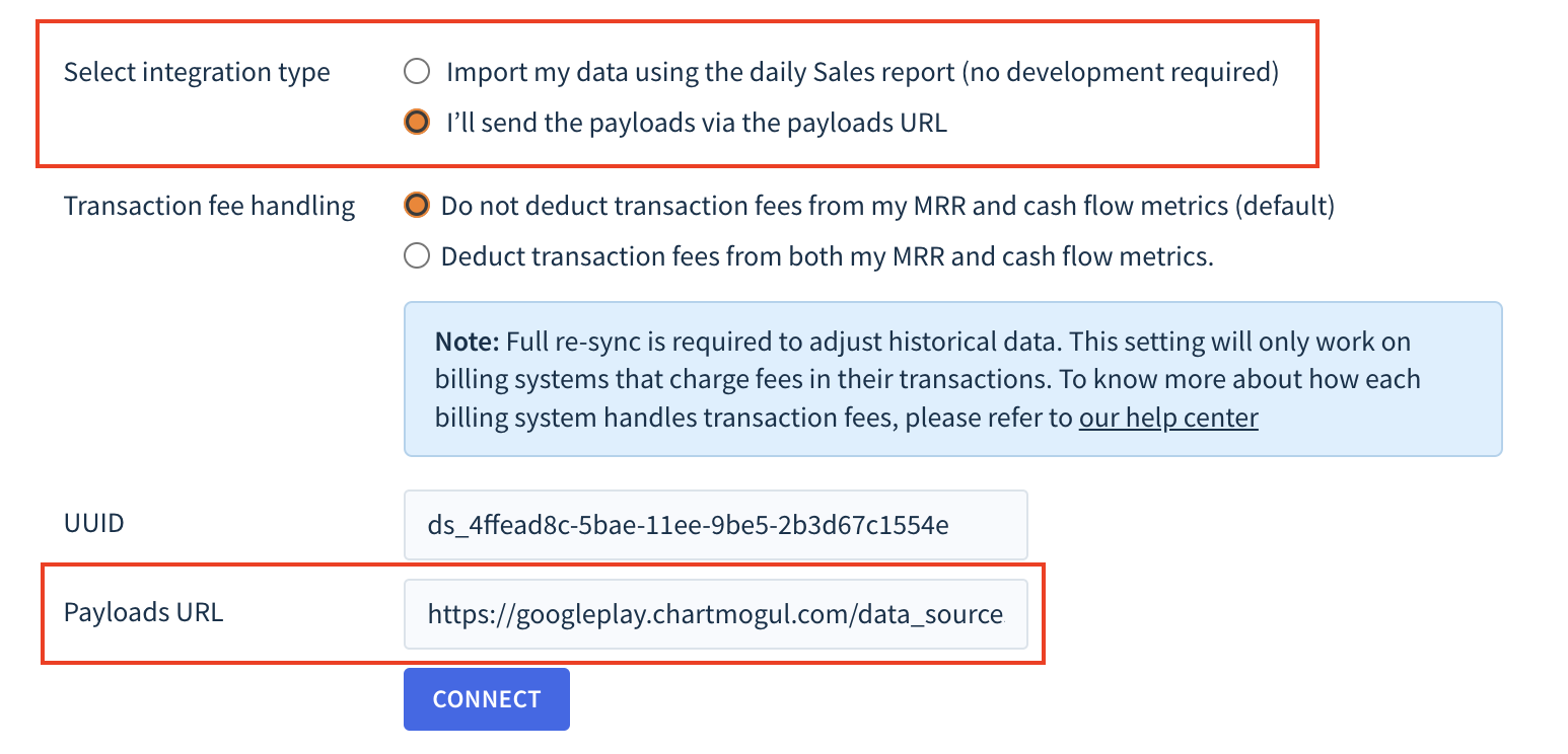 Screenshot of Google Play source configuration options with the Select integration type option and Payloads URL field highlighted.