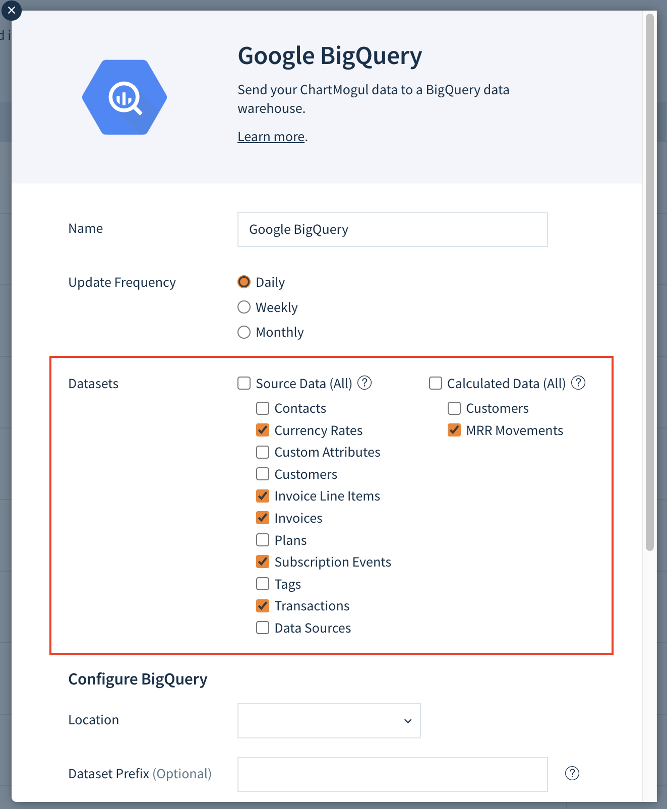 Screenshot of the Add a Destination dialog with some of Datasets selected.