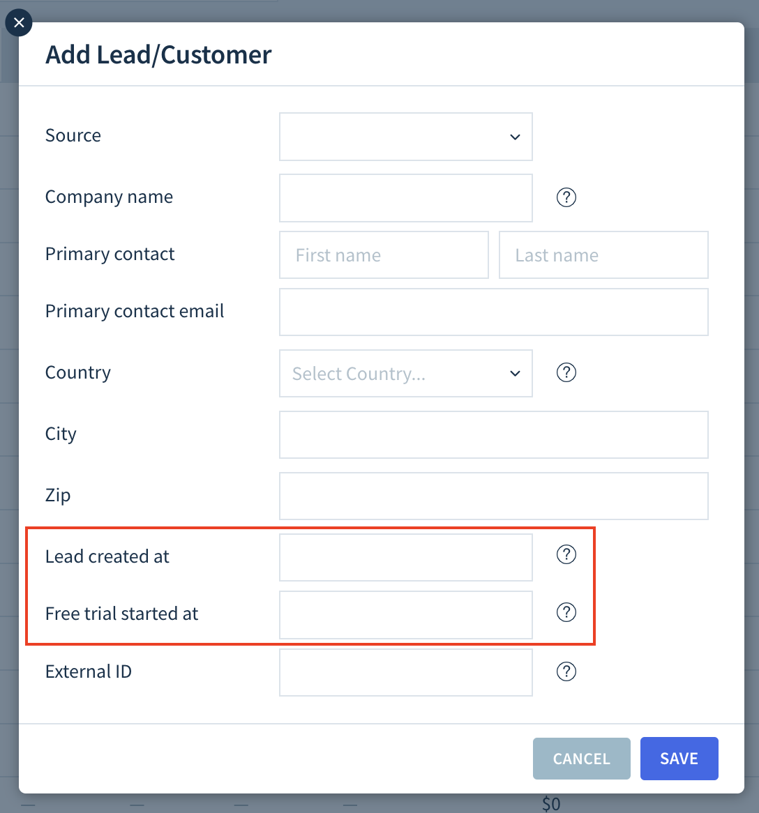 Screenshot of the Add Lead/Customer dialog with two fields highlighted: Lead created at and Free trial started at.