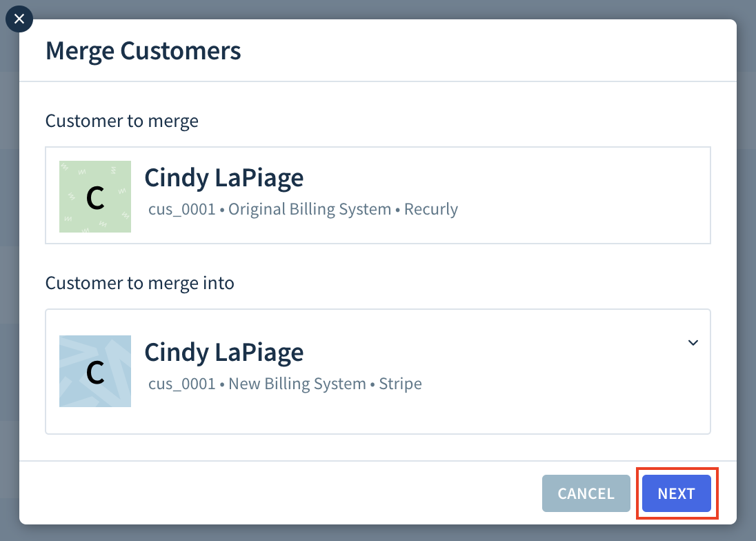 Screenshot of the Merge Customers dialog with customers from two different billing systems selected under ‘Customer to merge’ and ‘Customer to merge into’. The Next button is highlighted.