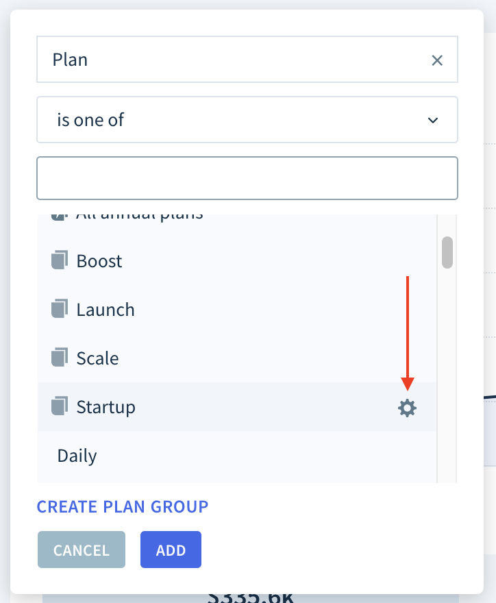 Screenshot of the plan and plan group selection dropdown with a gears icon next to the Startup plan group.