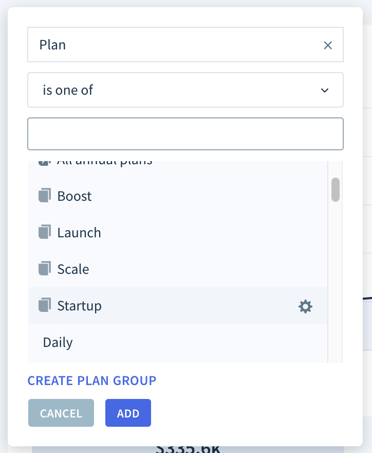 Screenshot of the plan and plan group selection dropdown.