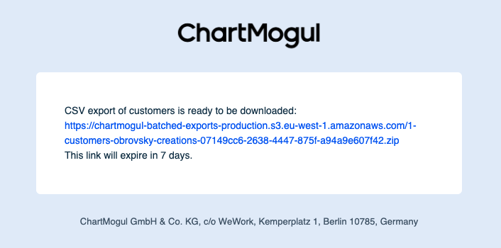 Screenshot of an email from ChartMogul with a link to download a generated CSV file.