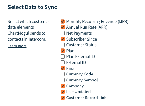 Screenshot of the Select Data to Sync section with a list of available data elements to send to Intercom.