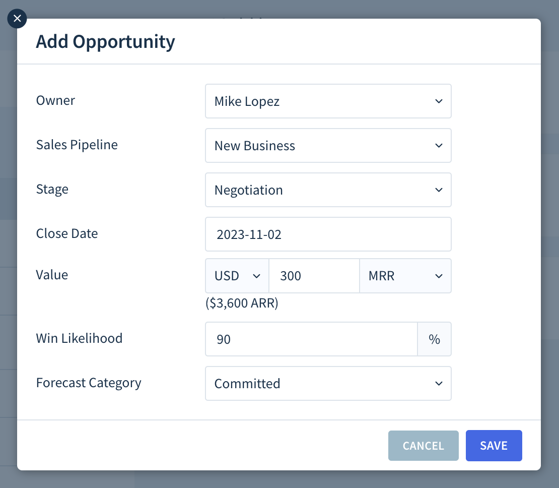 Screenshot of the Add Opportunity dialog with fields as described here.