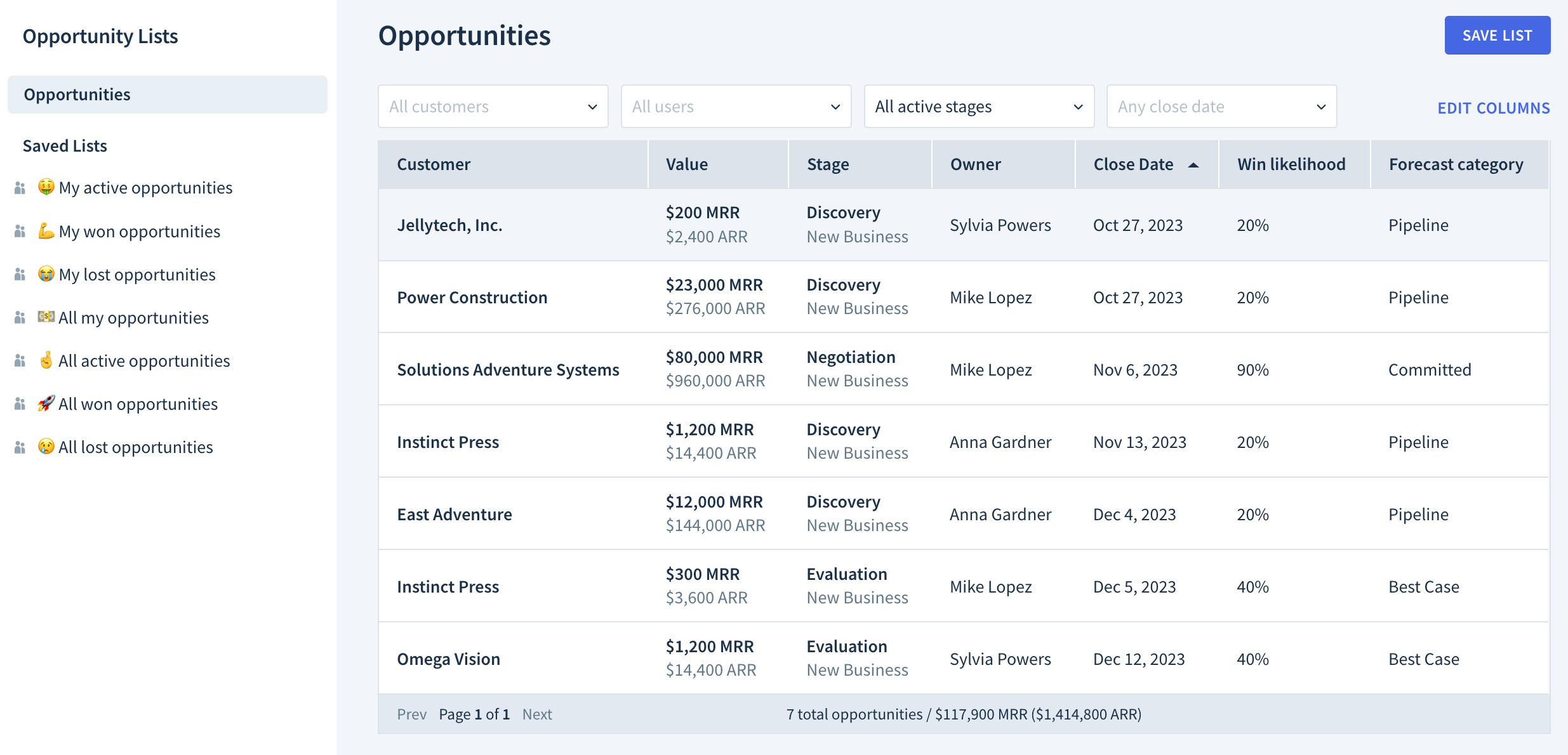 Screenshot of the Opportunities table with a list of saved opportunity lists to the left.