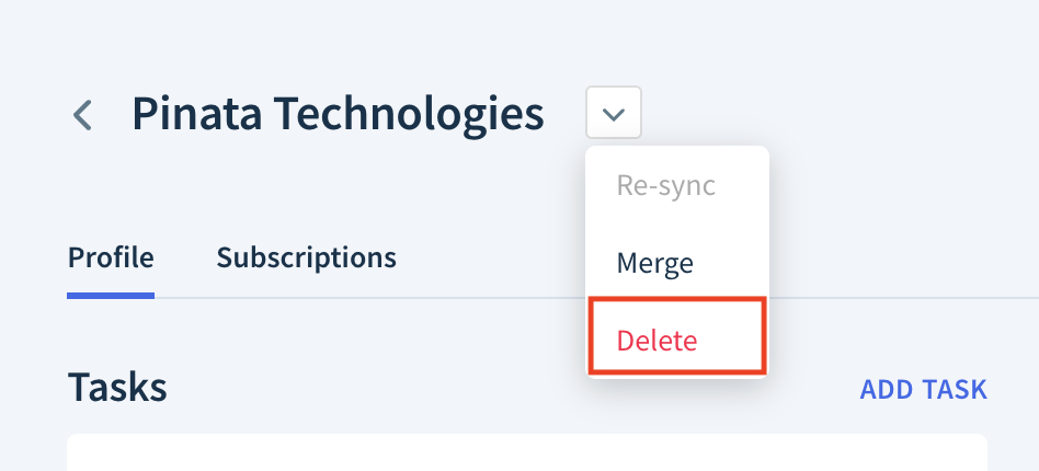 Screenshot of a customer record header with the drop-down menu expanded showing three options: Re-Sync, Merge, and Delete. The Delete option is highlighted