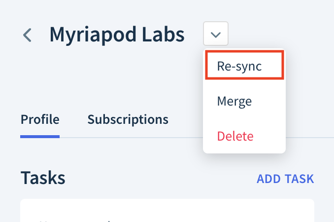 Screenshot of a customer record header with the drop-down menu expanded showing three options: Re-Sync, Merge, and Delete. The Re-Sync option is highlighted