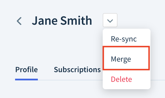 Screenshot of a customer record header with the drop-down menu expanded. The Merge option is highlighted