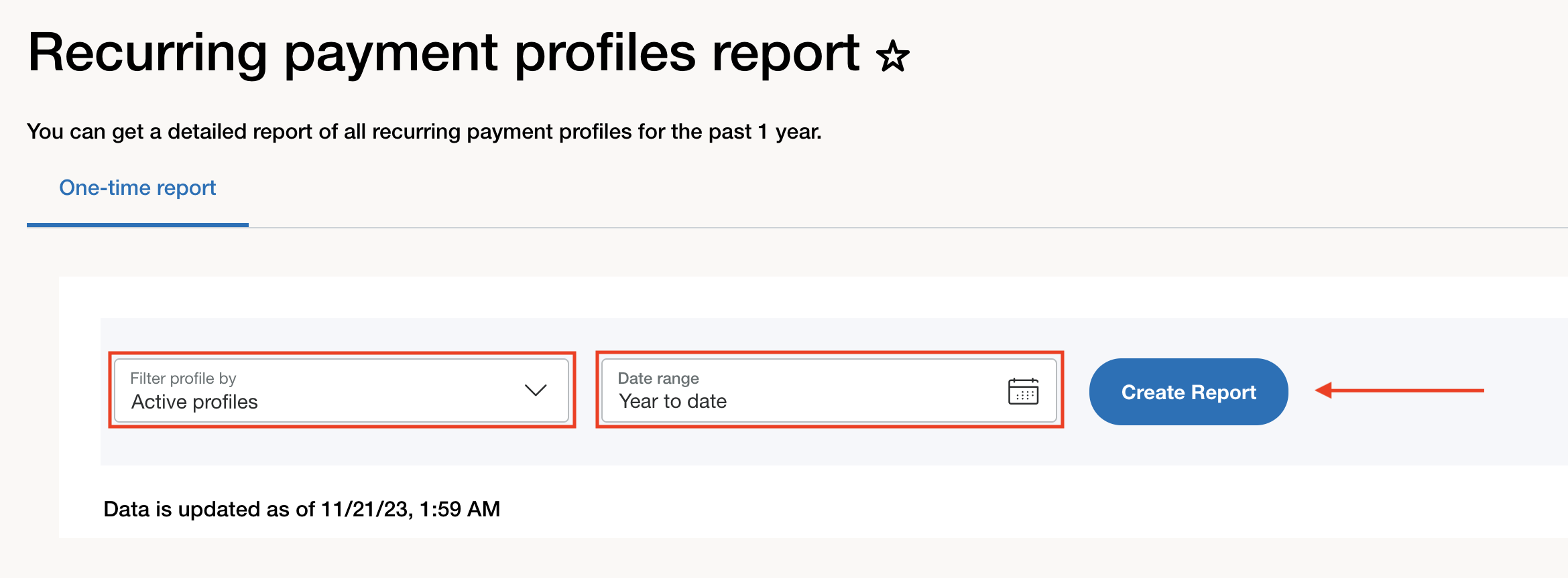 Screenshot of the Reports page showing the location of the Recurring payment profiles report