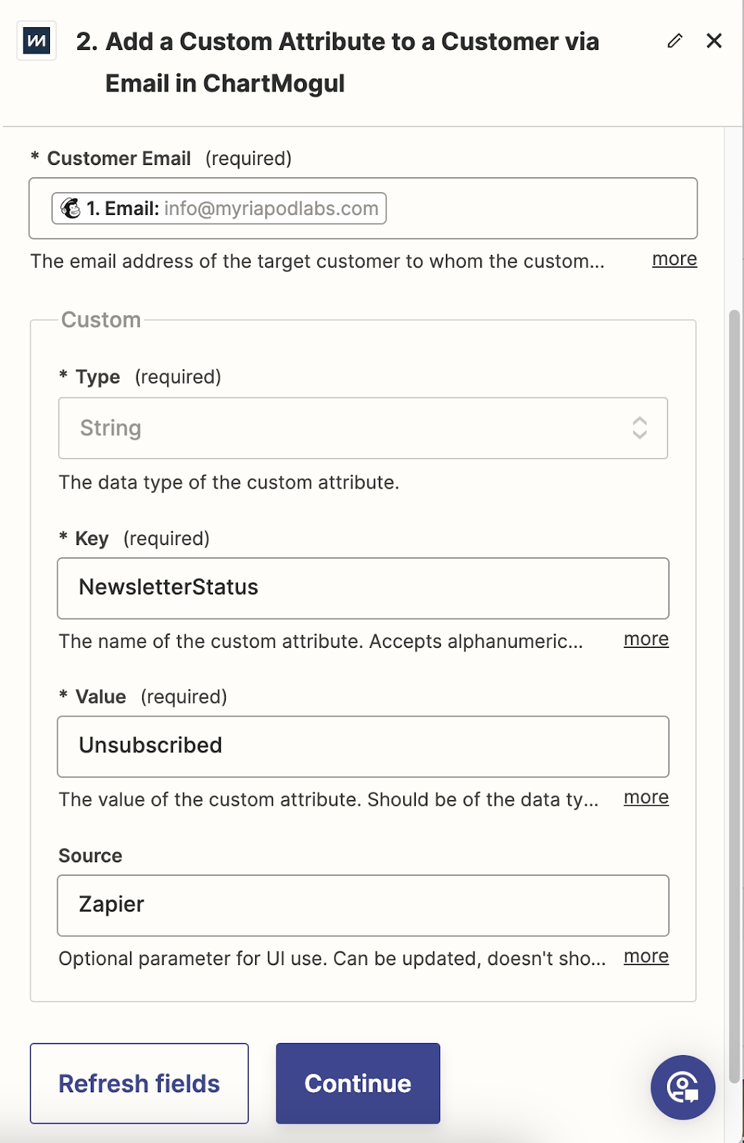 Screenshot of the section for adding custom attributes to ChartMogul with fields as described here and two buttons: Refresh fields, and Continue.