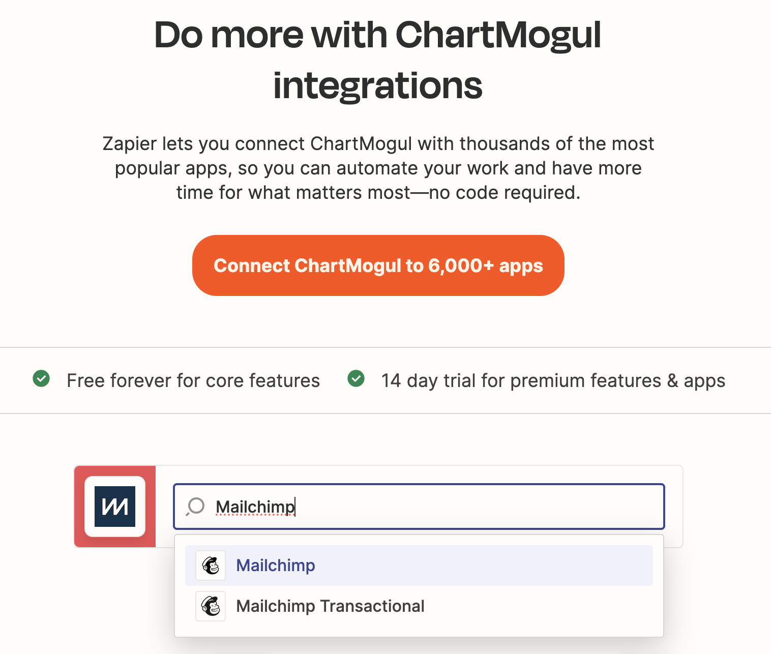 Screenshot of Zapier’s ChartMogul integrations page with search results for Mailchimp.