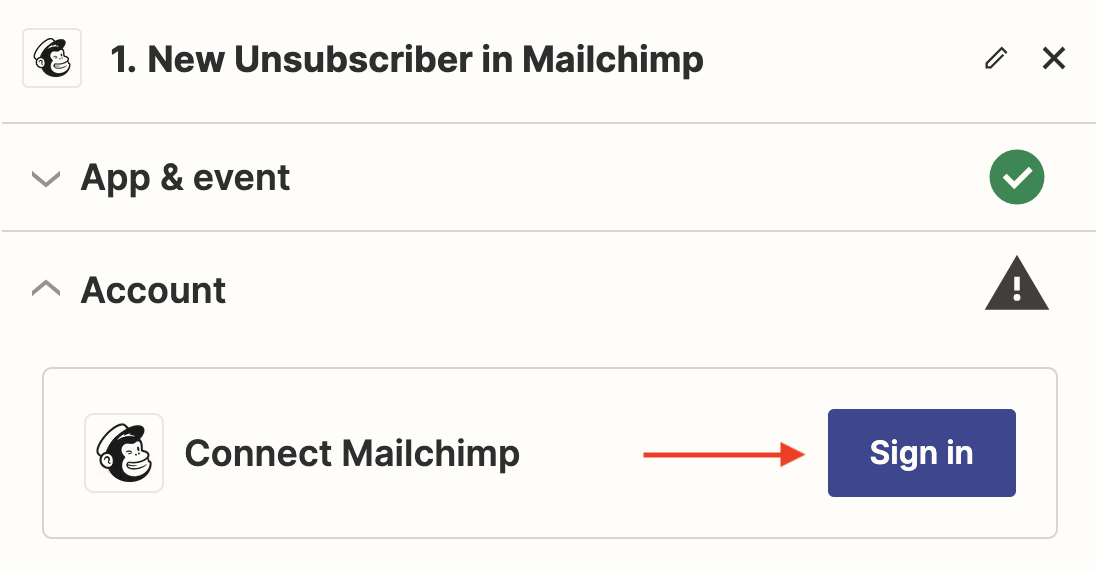 Screenshot of the App & event section with Mailchimp selected as the app and New Unsubscriber selected as the event.