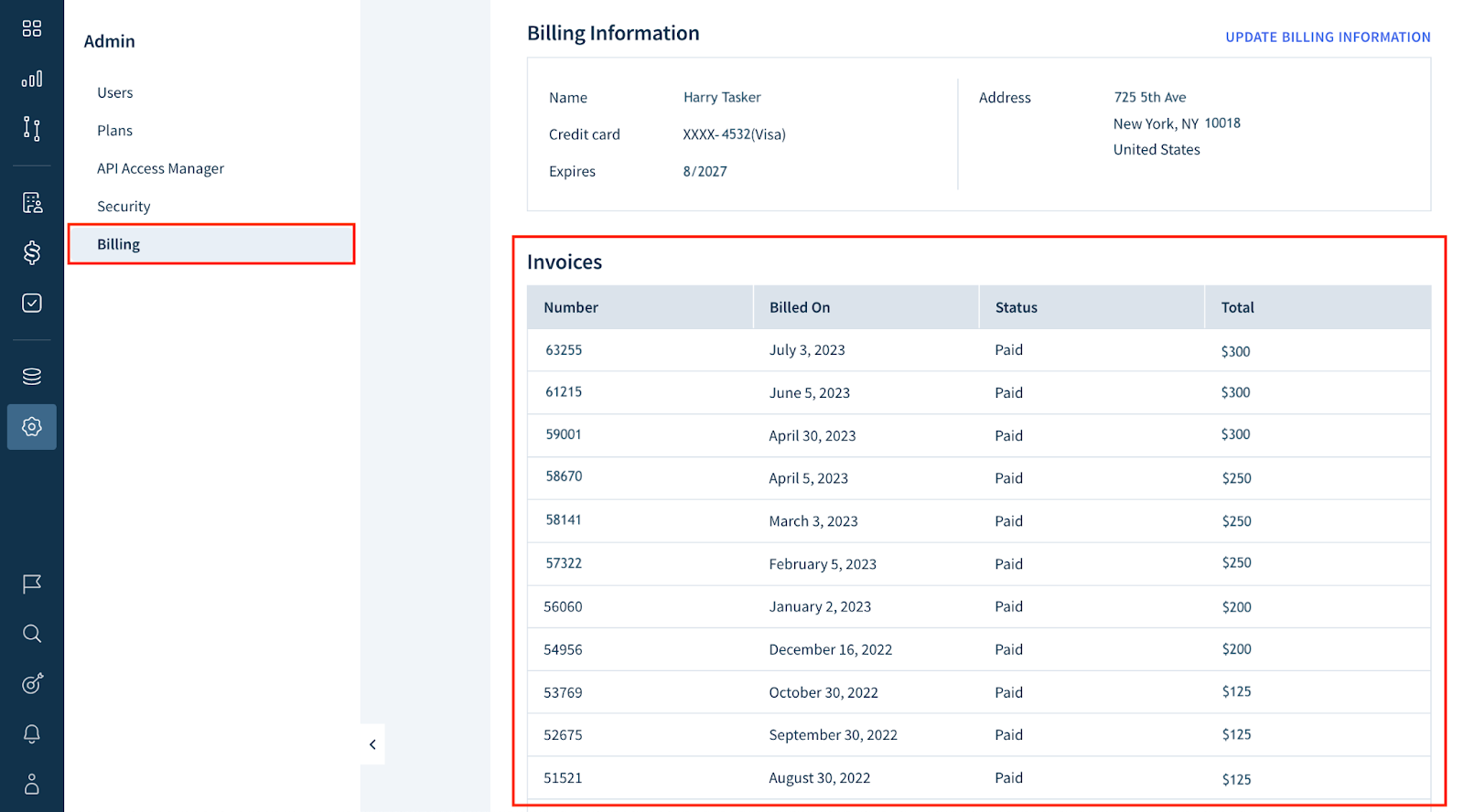 The Billing page showing two sections: Billing Information and Invoices. The Invoices section lists all customer’s invoices as a table with the following columns: Number, Billed On, Status, and Total.