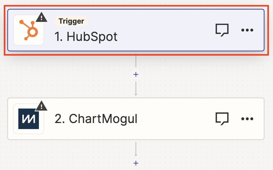 Screenshot of a Zap containing two empty steps: HubSpot and ChartMogul. The HubSpot step is highlighted.
