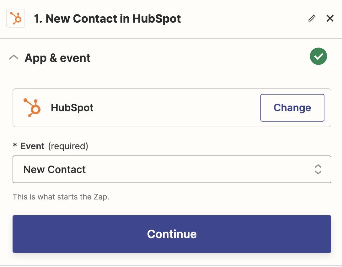 Screenshot of the App & event section with HubSpot selected as the app and New Contact selected as the event.