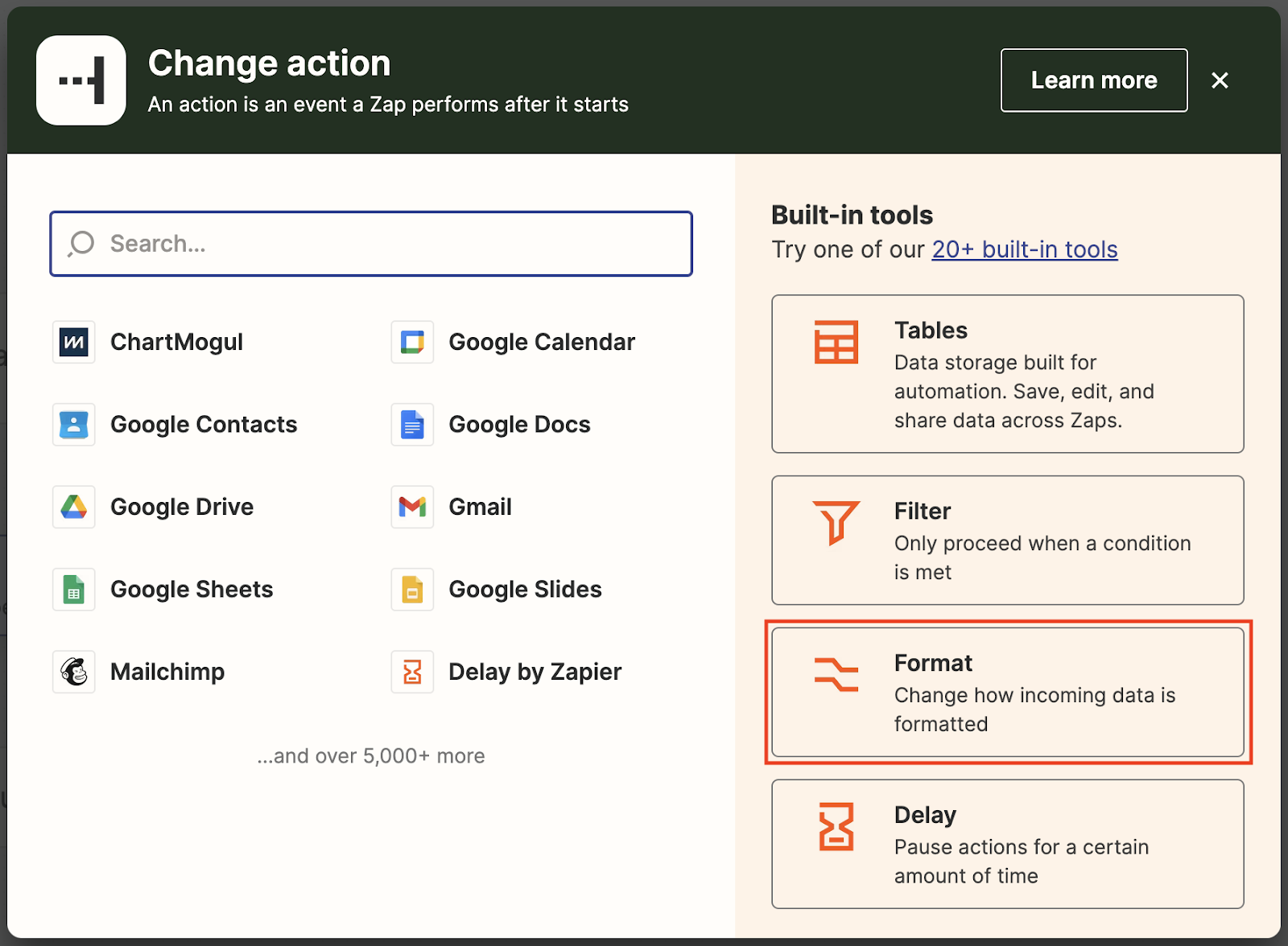 Screenshot of the Change action dialog highlighting the Format button in the Built-in tools section. 