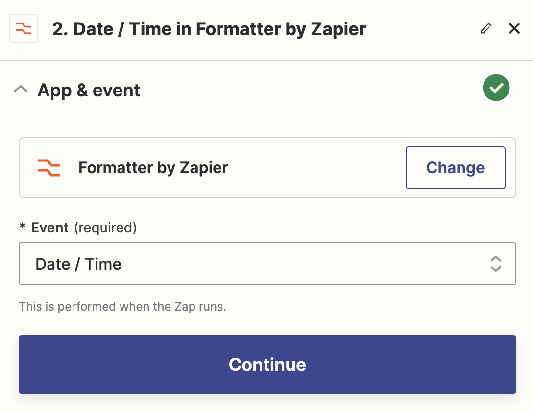 Screenshot of the App & event section with Formatter by Zapier selected as the app and Date / Time selected as the event.