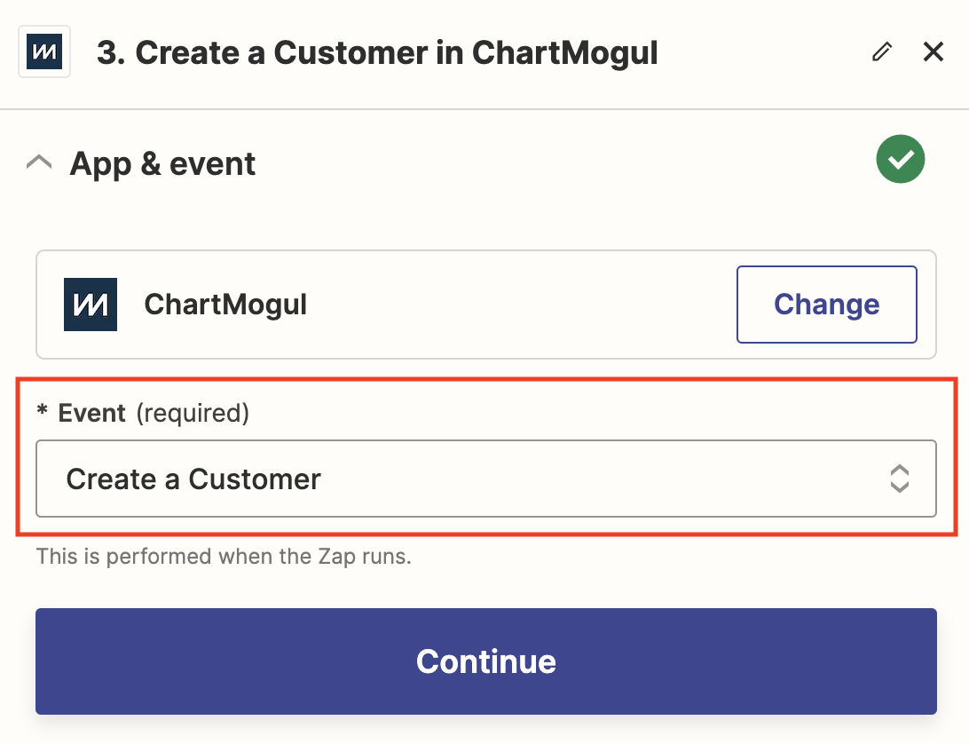 Screenshot of the App & event section with ChartMogul selected as the app and Create a Customer selected as the event.