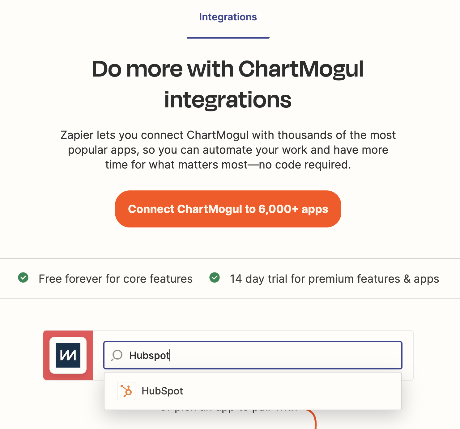 Screenshot of Zapier’s ChartMogul integrations page with search results for Hubspot.