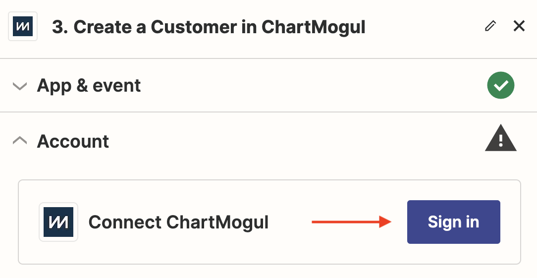 Screenshot of the Account section with a button to sign into ChartMogul.