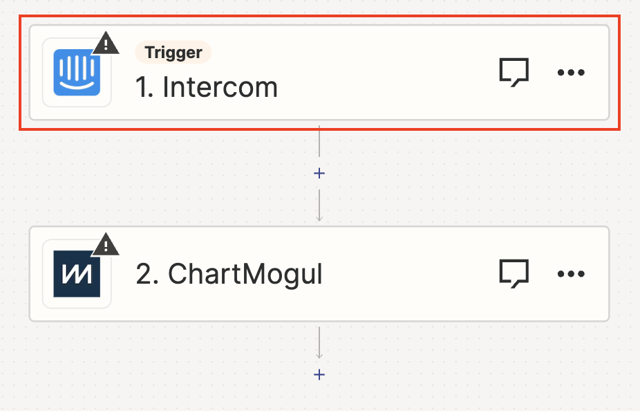 Screenshot of a Zap containing two empty steps: Intercom and ChartMogul. The Intercom step is highlighted.