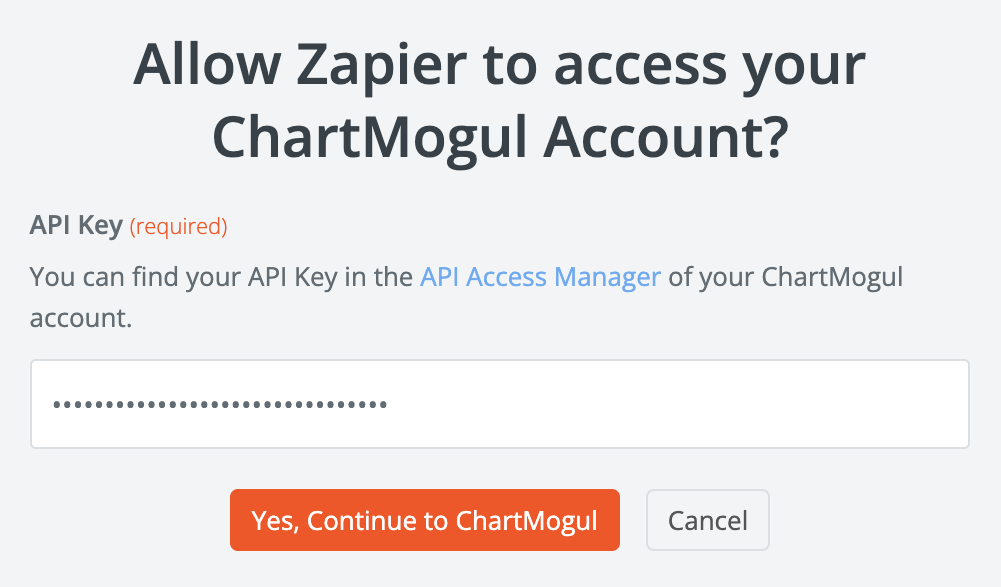 Screenshot of the dialog where you provide your ChartMogul API key.