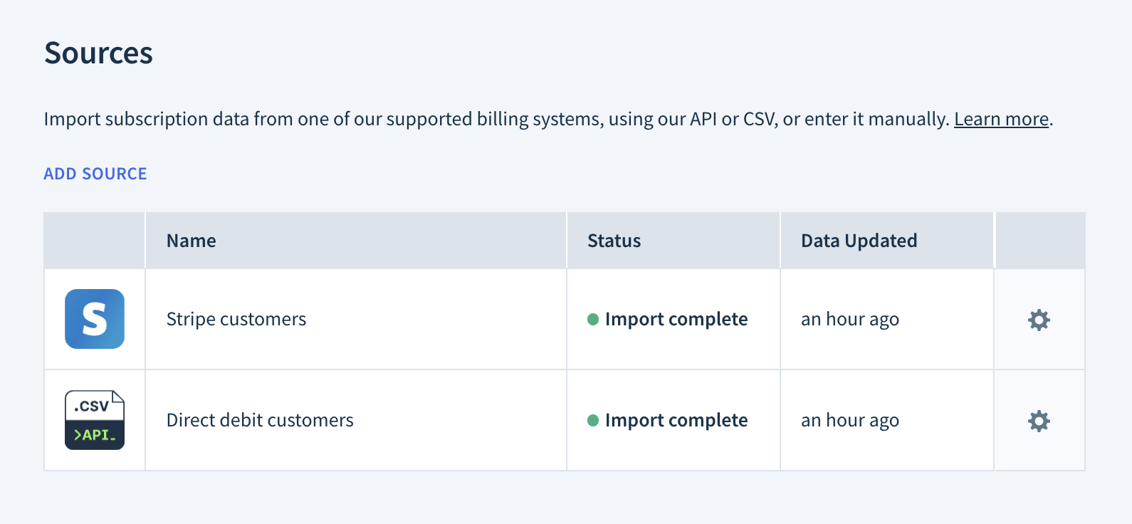 Screenshot of the Sources page with one Stripe source and once custom source for direct debit customers.