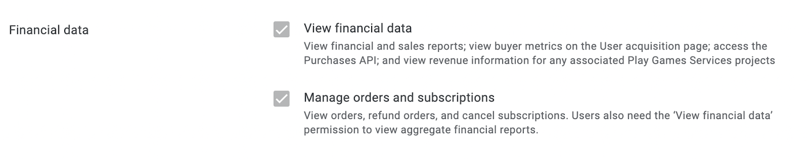 Screenshot of the App permissions list with two elements selected: View financial data and Manage orders and subscriptions.