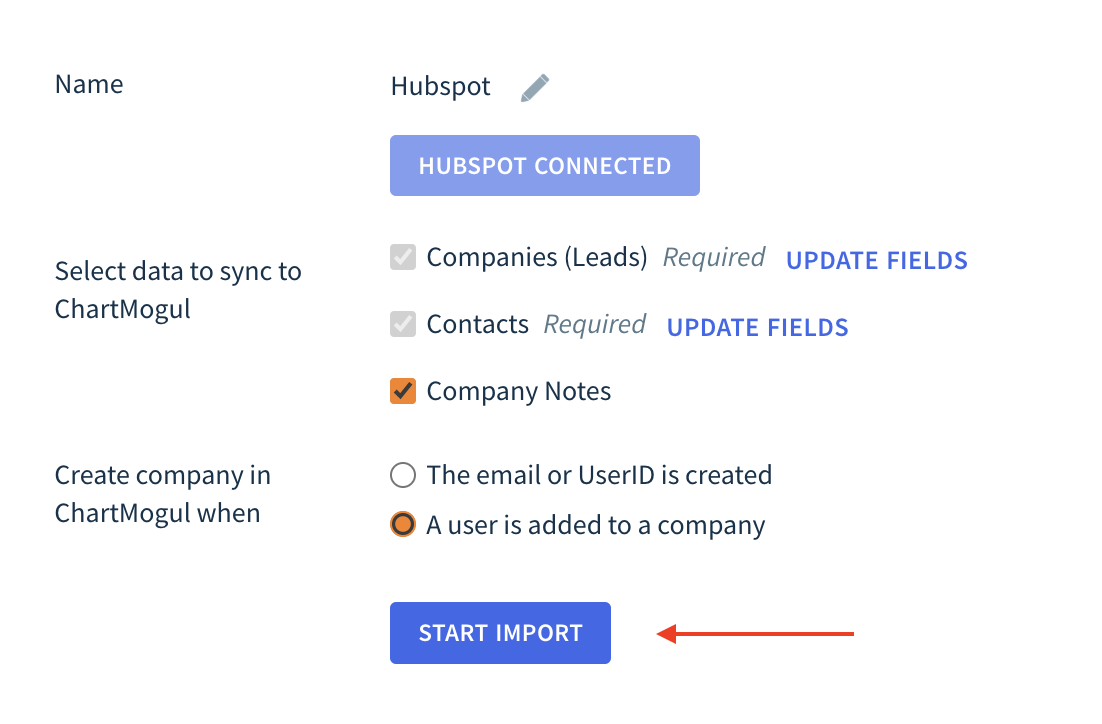 Screenshot of the HubSpot Data Source dialog showing the location of the Start Import button.