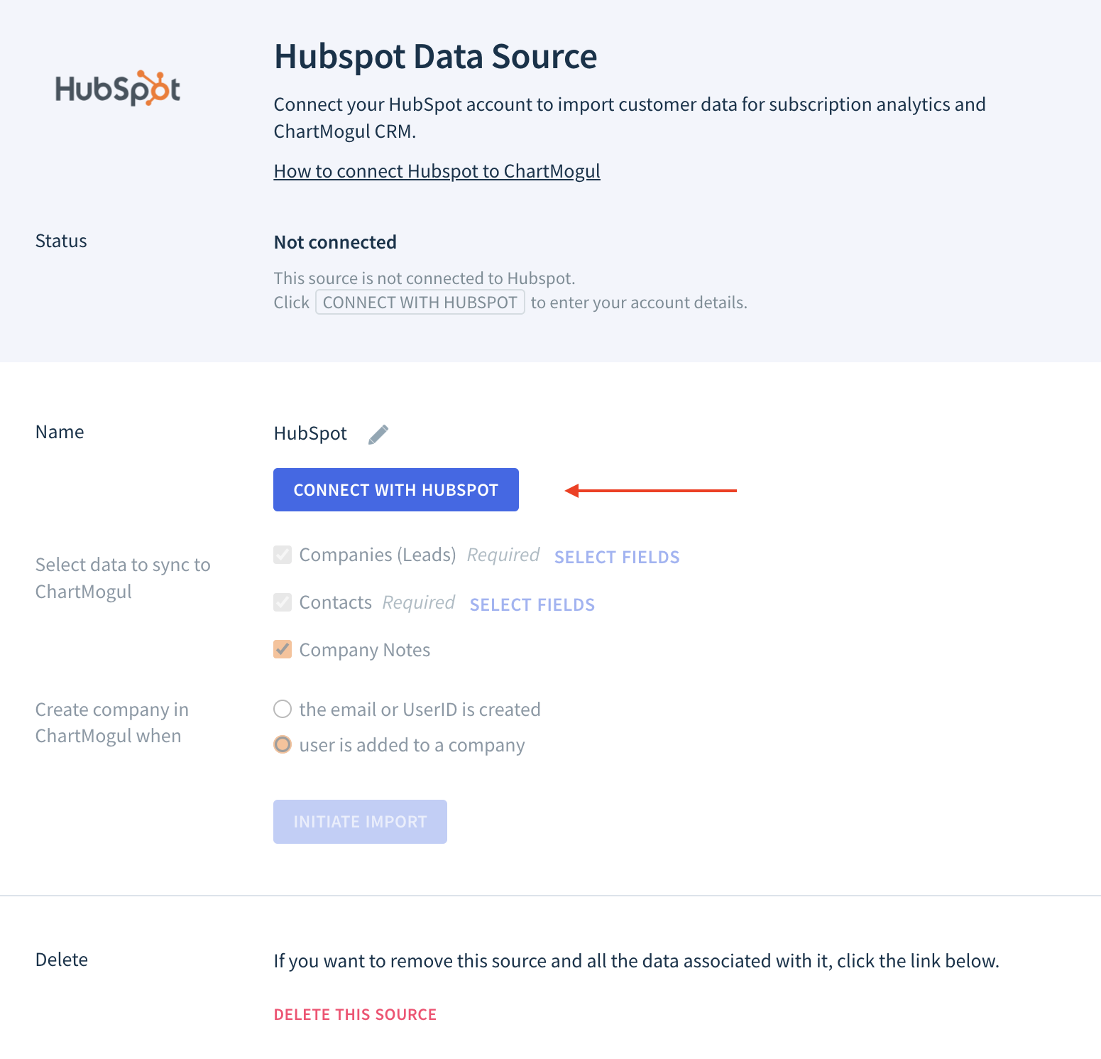 Screenshot of the HubSpot Data Source dialog showing the location of the Connect with HubSpot button.