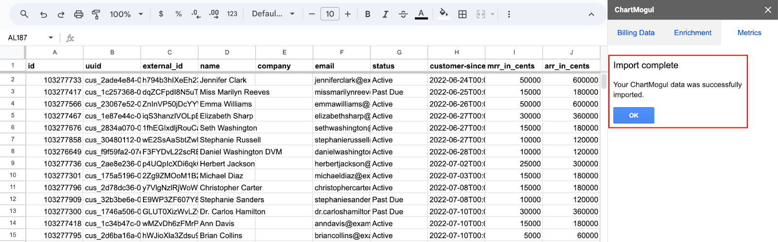 Screenshot of a Google Sheet populated with customer data exported from ChartMogul. The Google Sheet app displays the message, Import complete.