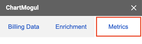 Screenshot of the side panel with the Google Sheets app showing the location of the Metrics tab.