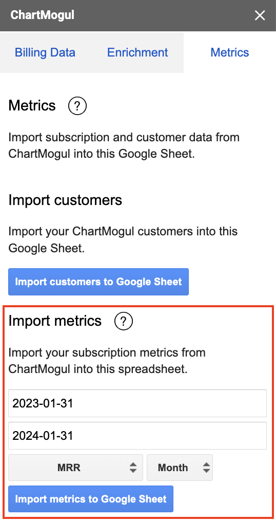 Screenshot of the Metrics tab highlighting the Import metrics section.