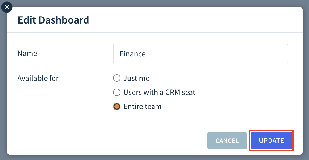 Screenshot of the Edit Dashboard dialog highlighting the Update button.