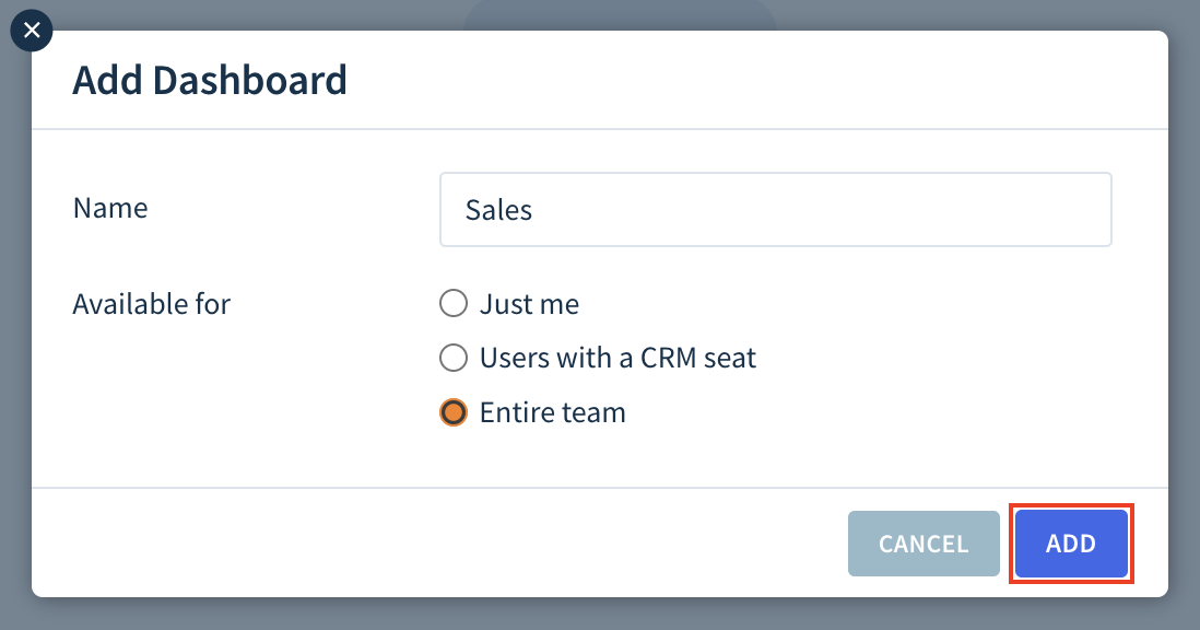 Screenshot of the Add Dashboard dialog highlighting the Add button.