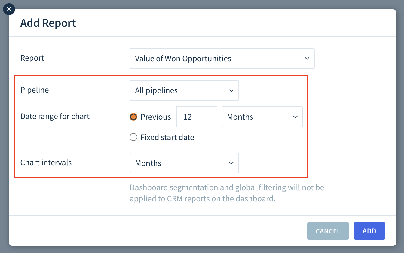 Screenshot of the Add Report dialog highlighting the options described here.
