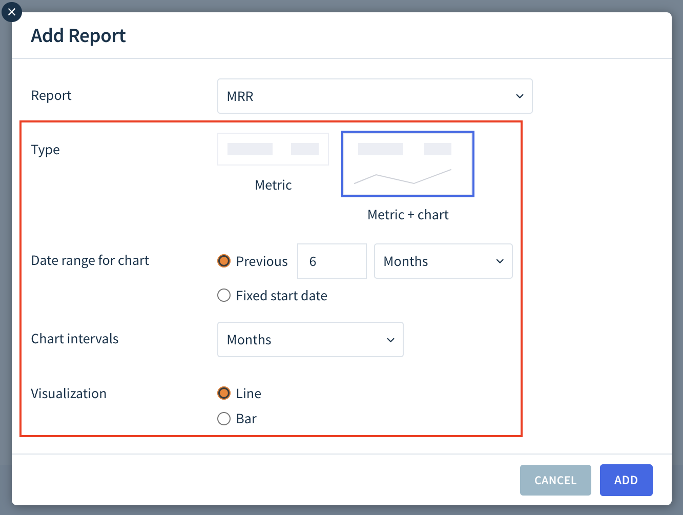 Screenshot of the Add Report dialog highlighting the options described here.