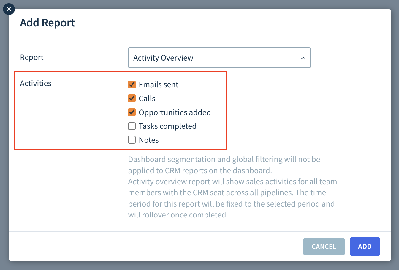Screenshot of the Add Report dialog highlighting the Activities section with a list of checkboxes as described here.