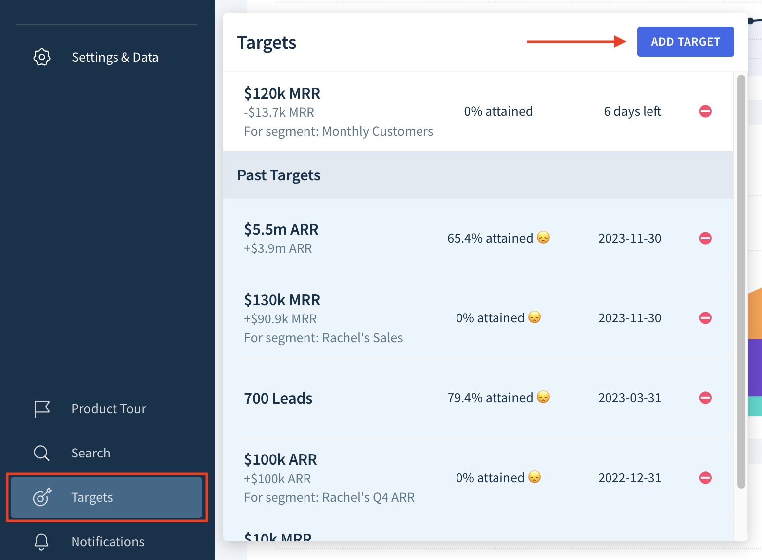 Screenshot showing the location of the Targets menu with the Add Target button highlighted