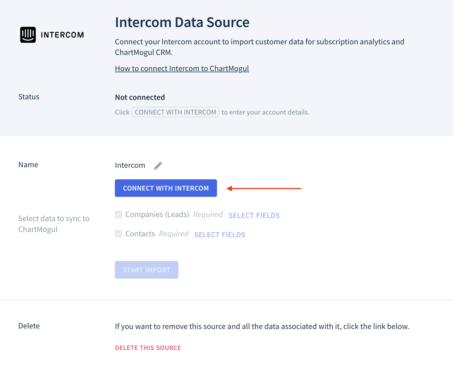 Screenshot of the Intercom Data Source dialog showing the location of the Connect with Intercom button.