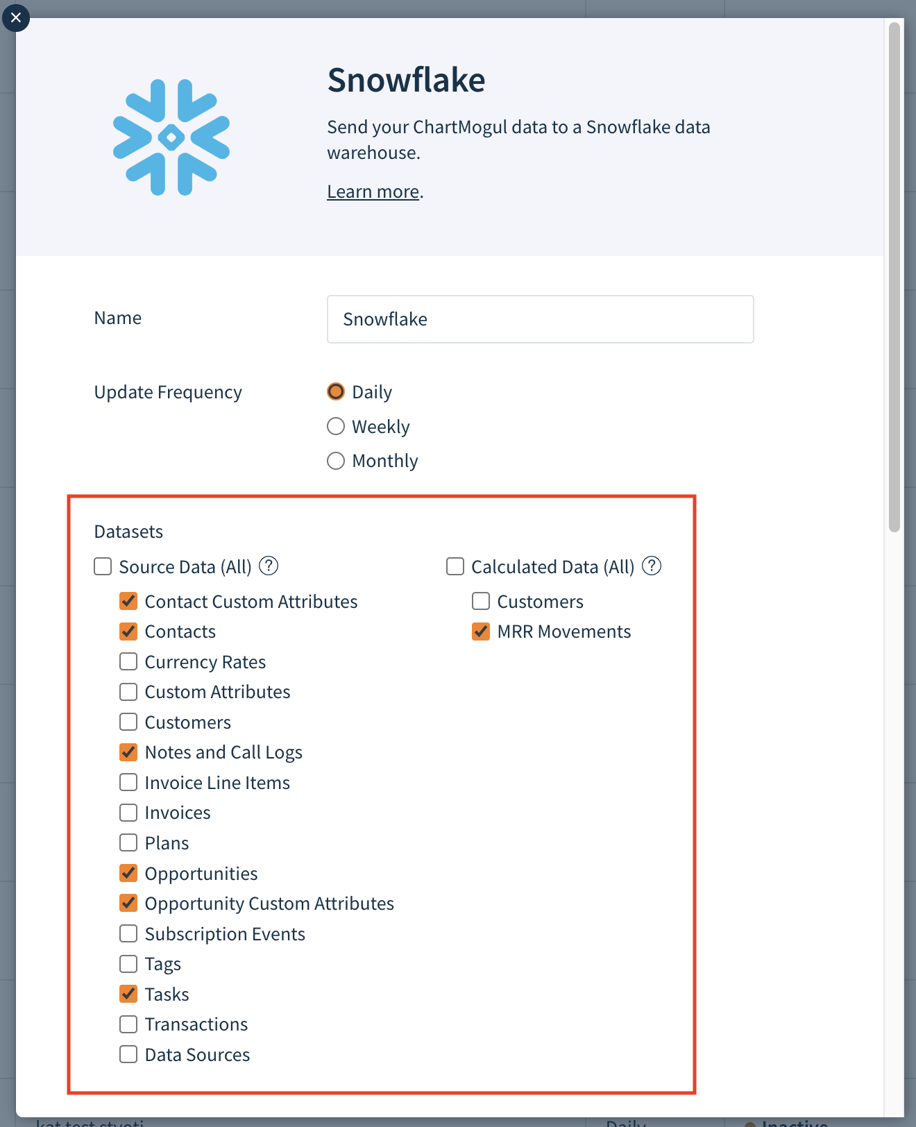 Screenshot of the Add a Destination dialog with some of Datasets selected.