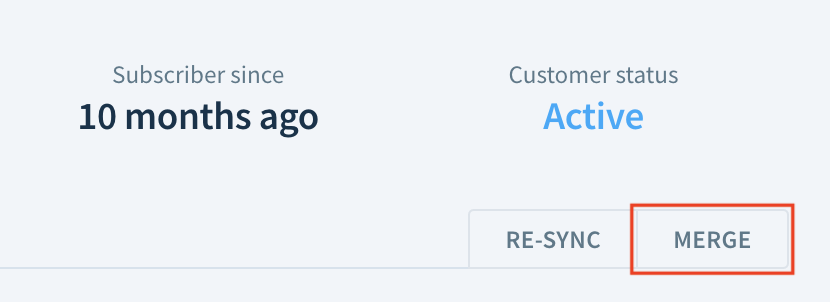 Screenshot of a customer record header with the Merge button highlighted.