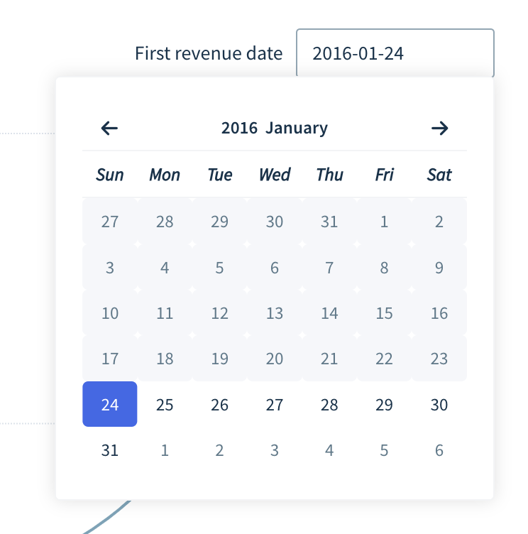 Screenshot of the First revenue date picker.